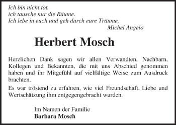 Traueranzeige von Herbert Mosch von Märkische Oderzeitung