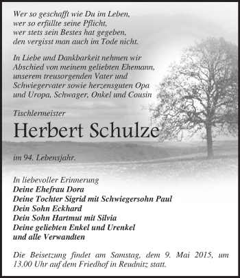 Traueranzeige von Herbert Schulze von Märkische Oderzeitung