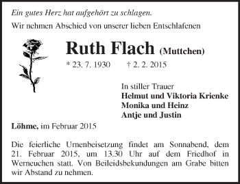 Traueranzeige von Ruth Flach von Märkische Oderzeitung