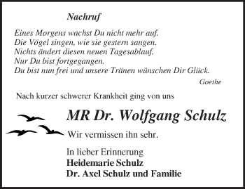 Traueranzeige von Wolfgang Schulz von Märkische Oderzeitung