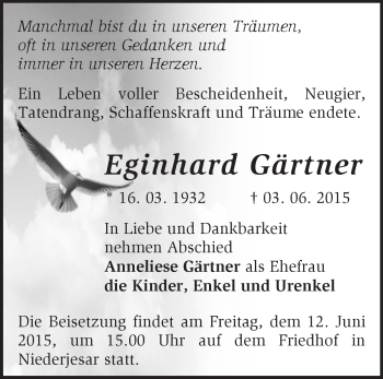 Traueranzeige von Eginhard Gärtner von Märkische Oderzeitung