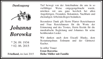 Traueranzeige von Johanna Borowka von Märkische Oderzeitung