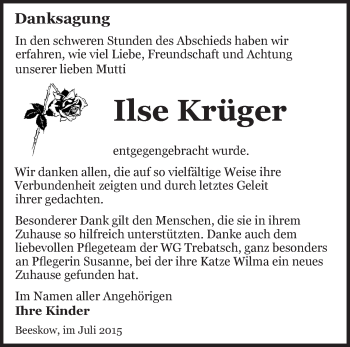 Traueranzeige von Ilse Krüger von Märkische Oderzeitung