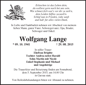 Traueranzeige von Wolfgang Lange von Märkische Oderzeitung