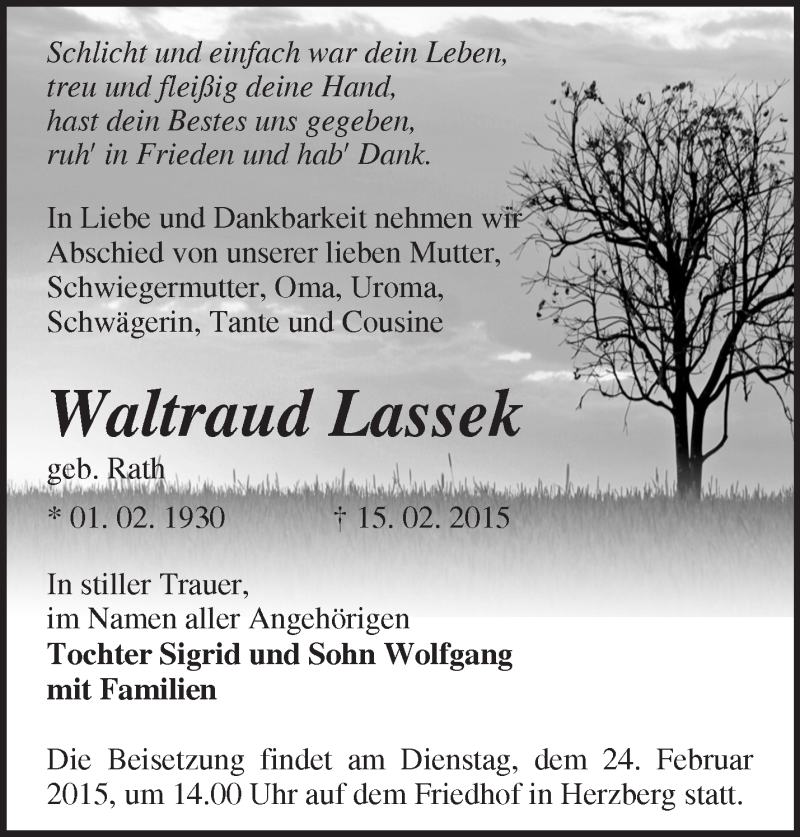  Traueranzeige für Waltraud Lassek vom 18.02.2015 aus Märkische Oderzeitung