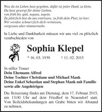 Traueranzeige von Sophia Klepel von Märkische Oderzeitung
