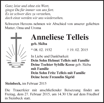 Traueranzeige von Anneliese Telleis von Märkische Oderzeitung