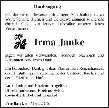 Traueranzeige von Irma Janke von Märkische Oderzeitung