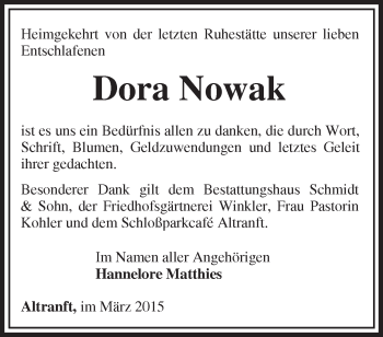 Traueranzeige von Dora Nowak von Märkische Oderzeitung