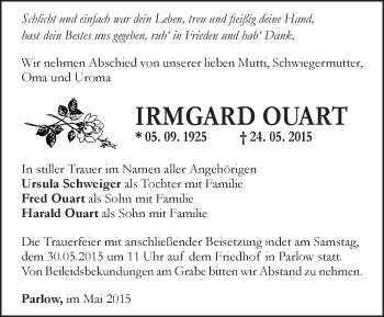 Traueranzeige von Irmgard Ouart von Märkische Oderzeitung