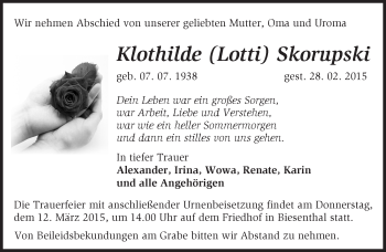 Traueranzeige von Klothilde Lotti Skorupski von Märkische Oderzeitung