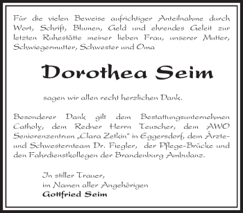 Traueranzeige von Dorothea Seim von Märkische Oderzeitung