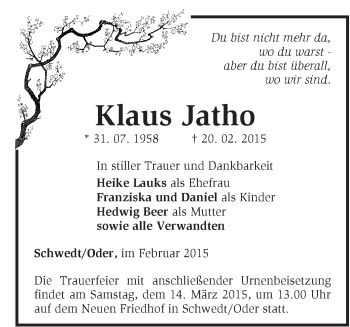 Traueranzeige von Klaus Jatho von Märkische Oderzeitung