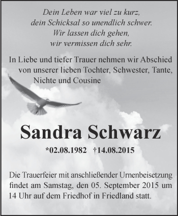 Traueranzeige von Sandra Schwarz von Märkische Oderzeitung