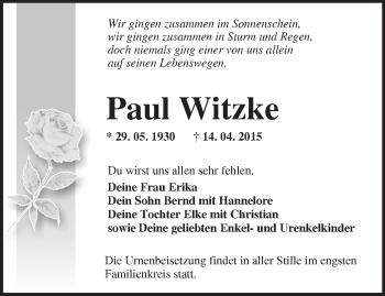 Traueranzeige von Paul Witzke von Märkische Oderzeitung