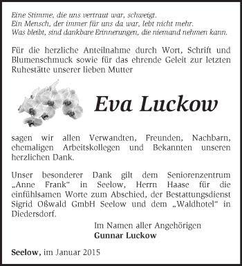 Traueranzeige von Eva Luckow von Märkische Oderzeitung