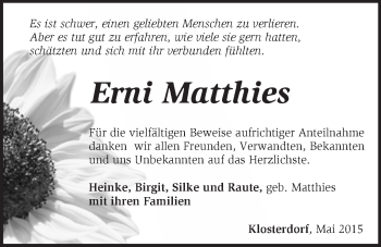 Traueranzeige von Erni Matthies von Märkische Oderzeitung