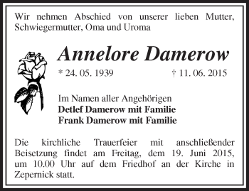 Traueranzeige von Annelore Damerow von Märkische Oderzeitung