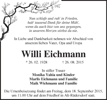 Traueranzeige von Willi Eichmann von Märkische Oderzeitung