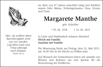 Traueranzeige von Margarete Manthe von Märkische Oderzeitung