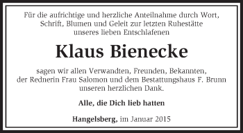 Traueranzeige von Klaus Bienecke von Märkische Oderzeitung