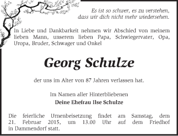 Traueranzeige von Georg Schulze von Märkische Oderzeitung