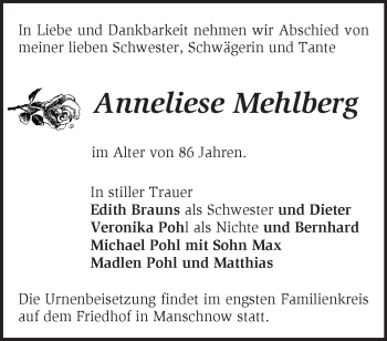 Traueranzeige von Anneliese Mehlberg von Märkische Oderzeitung