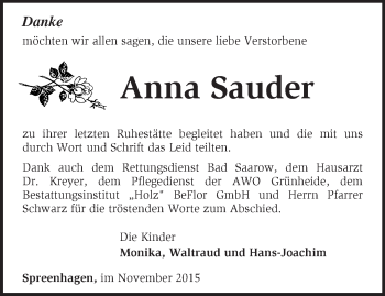 Traueranzeige von Anna Sauder von Märkische Oderzeitung