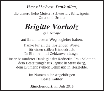 Traueranzeige von Brigitte Vorholz von Märkische Oderzeitung