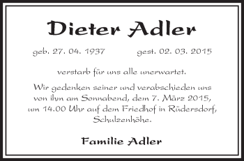 Traueranzeige von Dieter Adler von Märkische Oderzeitung