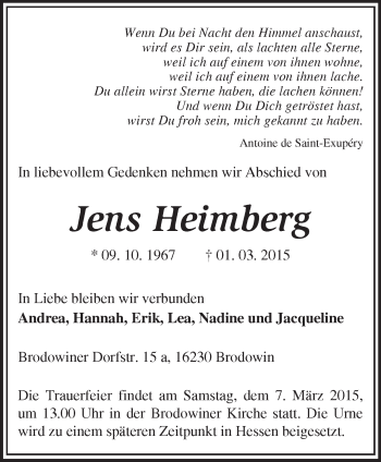 Traueranzeige von Jens Heimberg von Märkische Oderzeitung