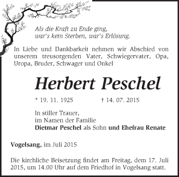 Traueranzeige von Herbert Peschel von Märkische Oderzeitung