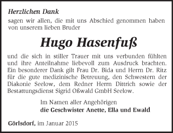 Traueranzeige von Hugo Hasenfuß von Märkische Oderzeitung