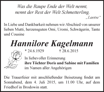 Traueranzeige von Hannilore Kagelmann von Märkische Oderzeitung