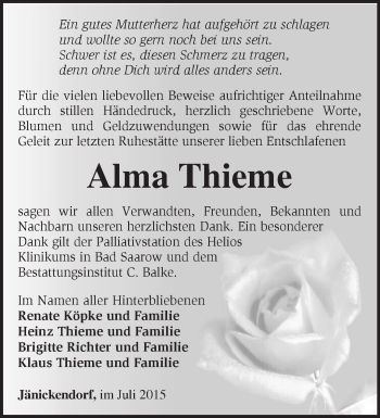 Traueranzeige von Alma Thieme von Märkische Oderzeitung