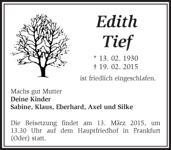 Traueranzeige von Edith Tief von Märkische Oderzeitung