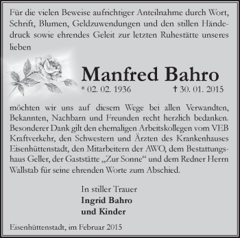 Traueranzeige von Manfred Bahro von Märkische Oderzeitung