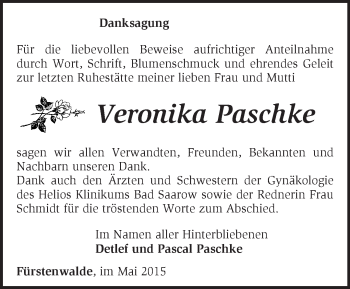 Traueranzeige von Veronik Paschke von Märkische Oderzeitung