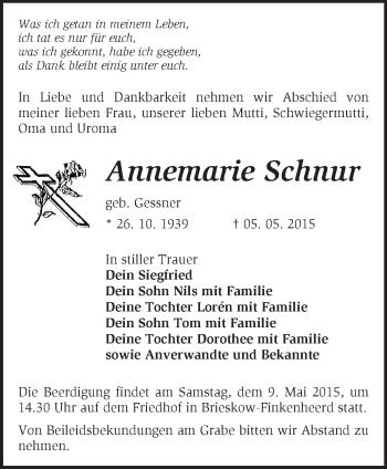 Traueranzeige von Annemarie Schnur von Märkische Oderzeitung