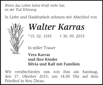 Traueranzeige von Walter Karras von Märkische Oderzeitung