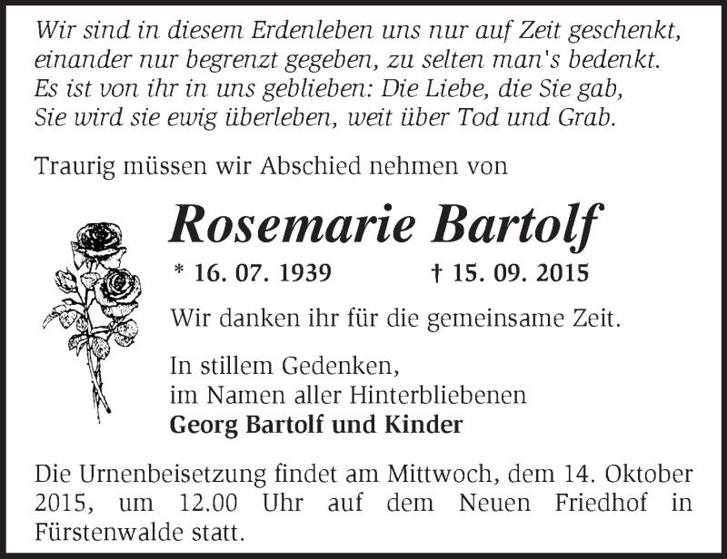  Traueranzeige für Rosemarie Bartolf vom 10.10.2015 aus Märkische Oderzeitung