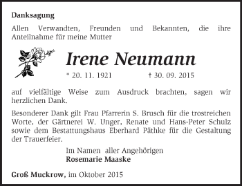 Traueranzeige von Irene Neumann von Märkische Oderzeitung