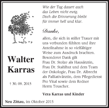 Traueranzeige von Walter Karras von Märkische Oderzeitung