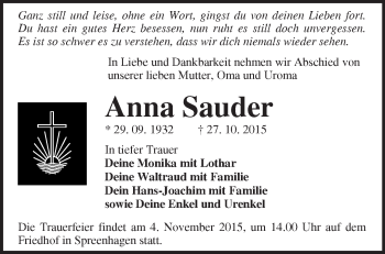 Traueranzeige von Anna Sauder von Märkische Oderzeitung