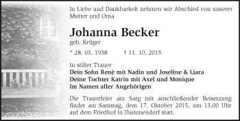 Traueranzeige von Johanna Becker von Märkische Oderzeitung