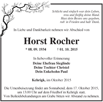 Traueranzeige von Horst Rocher von Märkische Oderzeitung