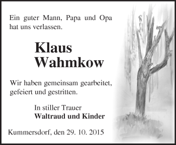 Traueranzeige von Klaus Wahmkow von Märkische Oderzeitung