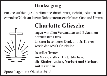 Traueranzeige von Carlotte Gliesche von Märkische Oderzeitung