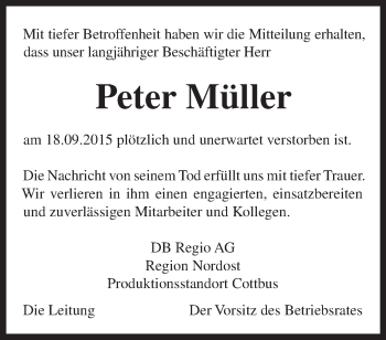 Traueranzeige von Peter Müller von Märkische Oderzeitung