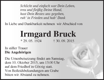 Traueranzeige von Irmgard Bruck von Märkische Oderzeitung